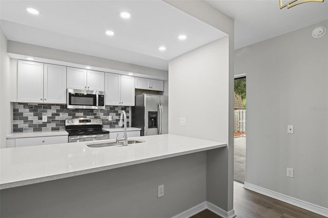 kitchen with appliances with stainless steel finishes, white cabinetry, kitchen peninsula, dark hardwood / wood-style flooring, and sink