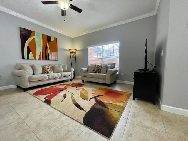 living room with ceiling fan, crown molding, and tile patterned flooring