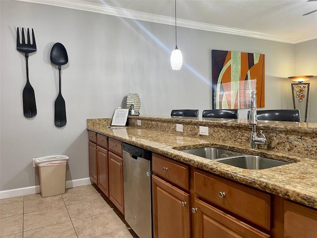 kitchen featuring ornamental molding, sink, light stone countertops, hanging light fixtures, and stainless steel dishwasher