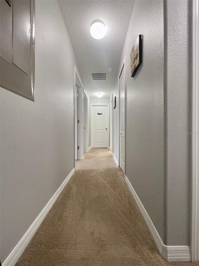 hallway featuring light carpet and a textured ceiling