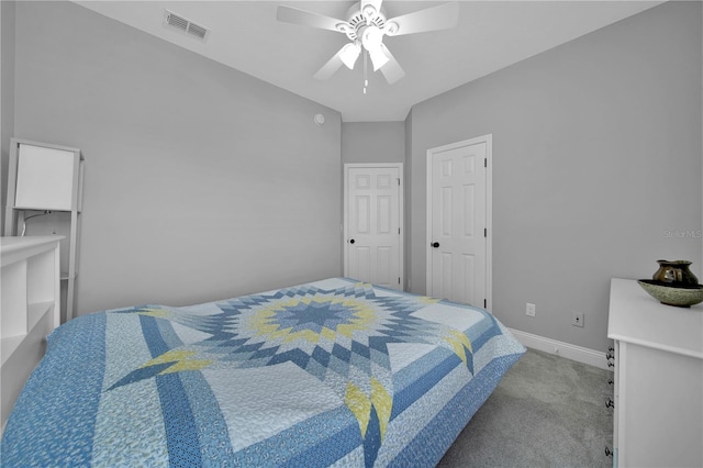 carpeted bedroom with ceiling fan