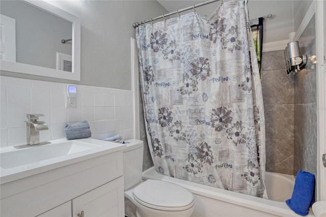 full bathroom with shower / bath combination with curtain, tile walls, backsplash, vanity, and toilet