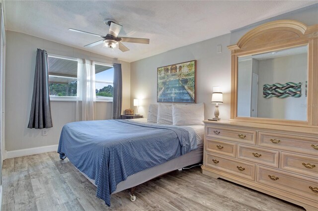 bedroom featuring light hardwood / wood-style flooring, ceiling fan, and a textured ceiling