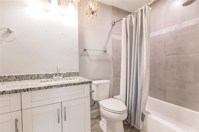 full bathroom featuring shower / tub combo with curtain, vanity, toilet, and wood-type flooring