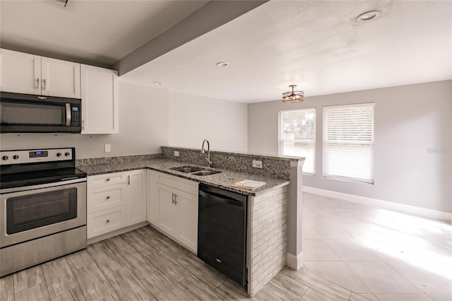 kitchen featuring black appliances, kitchen peninsula, sink, and white cabinets