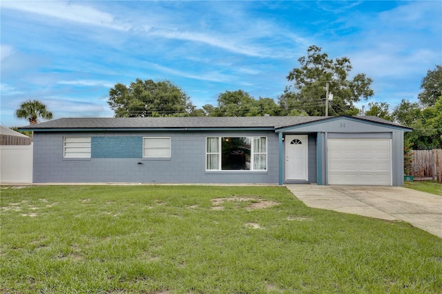 single story home with a garage and a front lawn