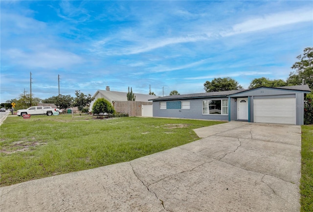 single story home with a front lawn and a garage