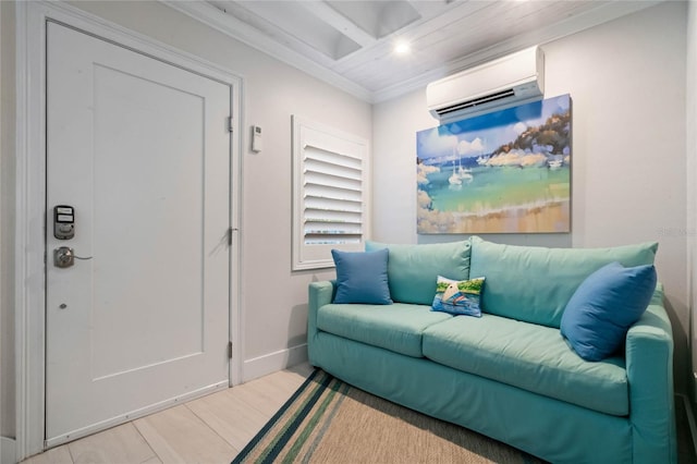living area with ornamental molding, an AC wall unit, and baseboards
