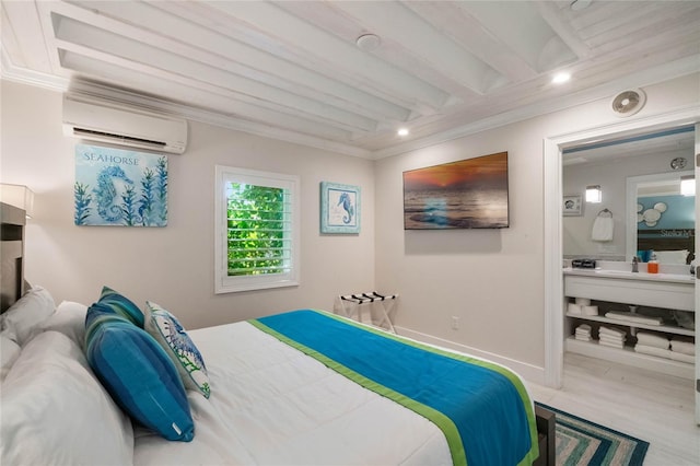 bedroom with crown molding, beamed ceiling, a wall unit AC, and light wood-type flooring