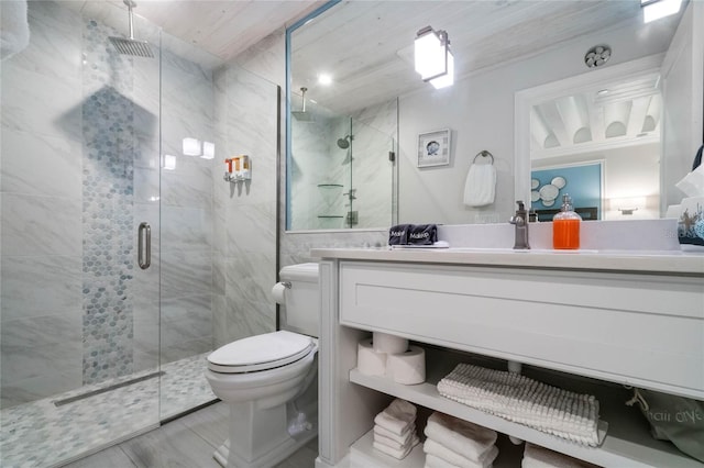 bathroom featuring vanity, toilet, and a shower with shower door