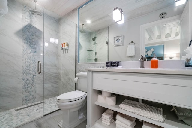 bathroom featuring vanity, toilet, and a shower stall