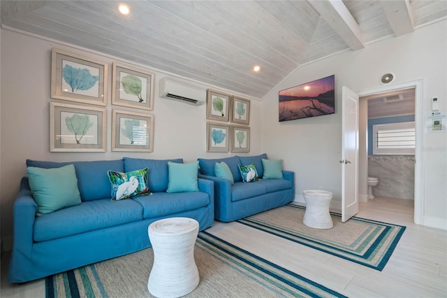 living area with wooden ceiling, lofted ceiling with beams, a wall mounted air conditioner, and wood finished floors