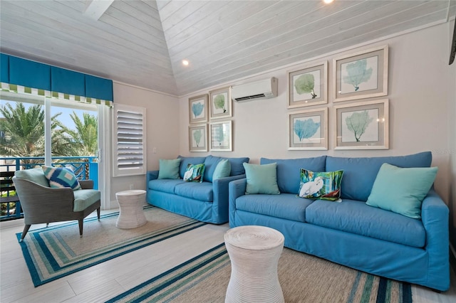 living room featuring wood ceiling, high vaulted ceiling, and an AC wall unit