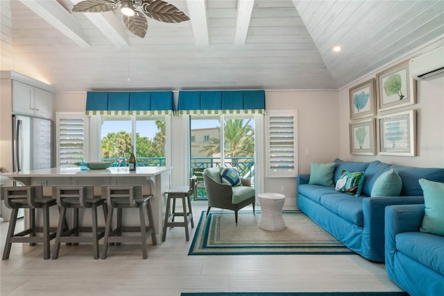 living room featuring a wall mounted air conditioner, vaulted ceiling with beams, ceiling fan, and wooden ceiling
