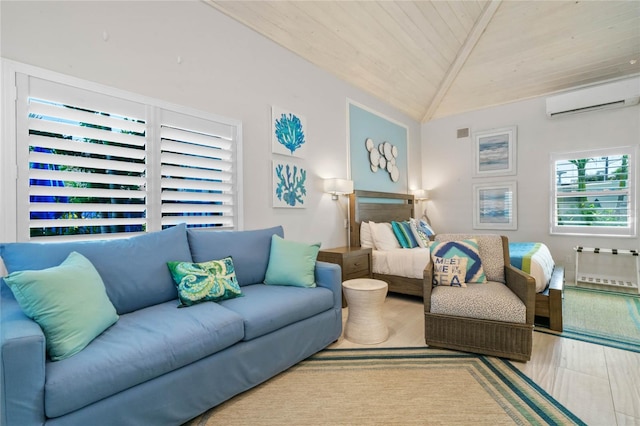 living room featuring wooden ceiling, vaulted ceiling, light hardwood / wood-style flooring, and a wall mounted air conditioner