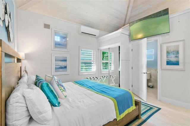bedroom featuring vaulted ceiling, a wall mounted AC, wooden ceiling, wood finished floors, and visible vents