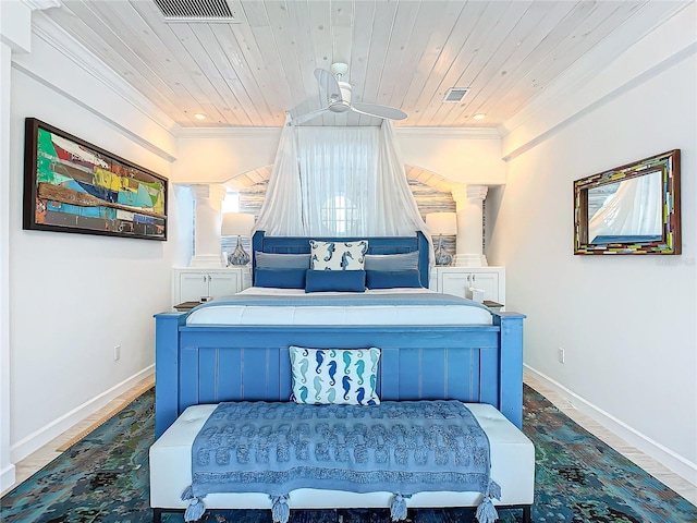 bedroom with ornamental molding, visible vents, and wood ceiling