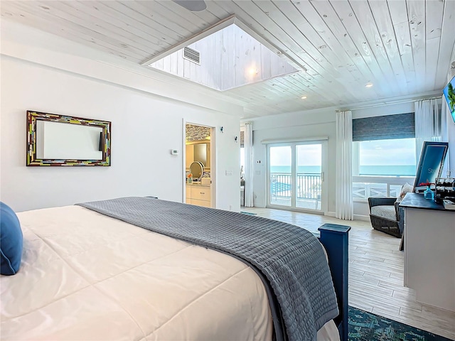 bedroom with wood ceiling, access to outside, visible vents, and wood finished floors