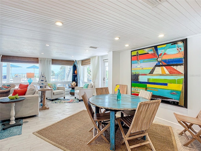 dining area featuring recessed lighting, baseboards, wood ceiling, visible vents, and wood finished floors