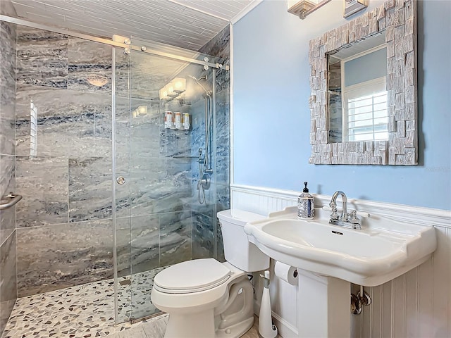 full bathroom featuring toilet, a wainscoted wall, a sink, and a shower stall