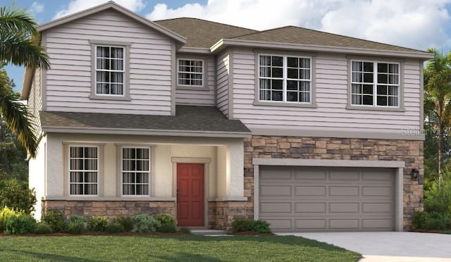 view of front of property featuring stone siding, an attached garage, and roof with shingles