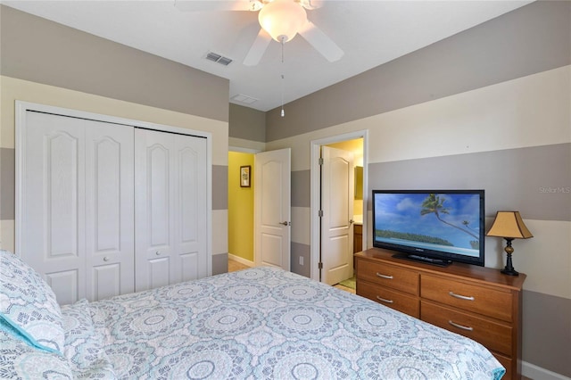 bedroom featuring ceiling fan and a closet