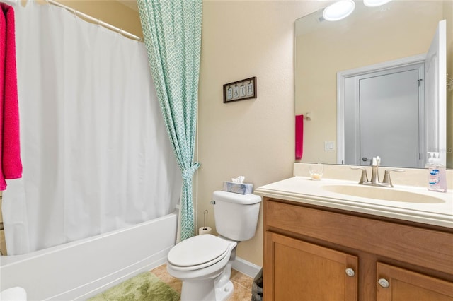 full bathroom featuring shower / bath combo, tile patterned flooring, toilet, and vanity