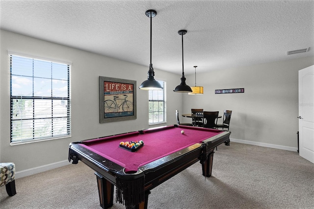 playroom featuring a textured ceiling, pool table, and carpet flooring