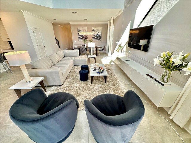 living room featuring ornamental molding