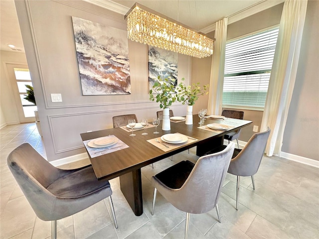 tiled dining space featuring crown molding