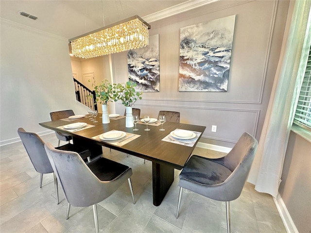 9095 Sommerset Hills Dr, Davenport, FL 33896 - dining area with ornamental molding, a notable chandelier, stairway, and visible vents
