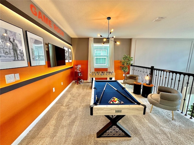 9095 Sommerset Hills Dr, Davenport, FL 33896 - recreation room with a notable chandelier, carpet flooring, a textured ceiling, baseboards, and visible vents