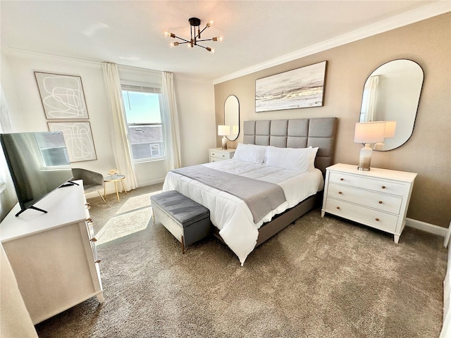 bedroom featuring carpet flooring, an inviting chandelier, and ornamental molding