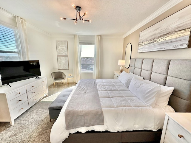 bedroom featuring light colored carpet, a chandelier, a textured ceiling, and ornamental molding