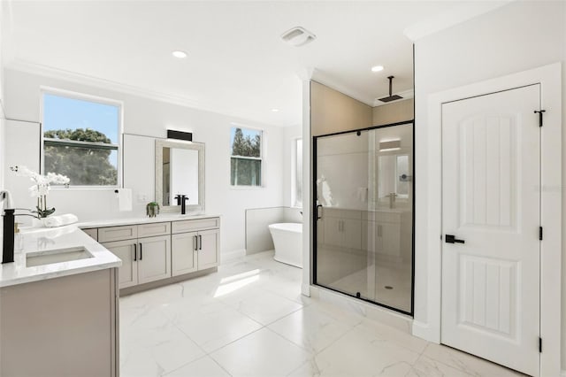 bathroom with vanity, plus walk in shower, and crown molding