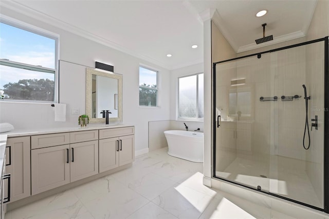 bathroom with a wealth of natural light, independent shower and bath, vanity, and crown molding