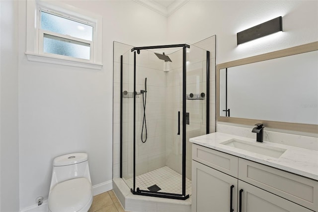 bathroom with vanity, toilet, ornamental molding, an enclosed shower, and tile patterned flooring