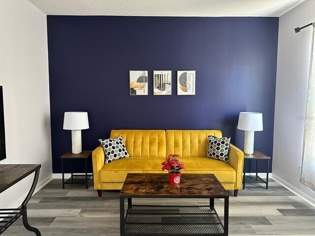 living room with a textured ceiling and hardwood / wood-style flooring