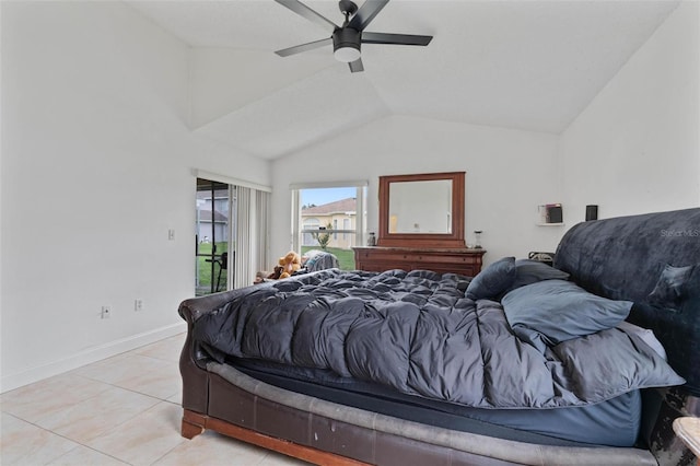 bedroom featuring access to exterior, lofted ceiling, ceiling fan, and light tile patterned floors