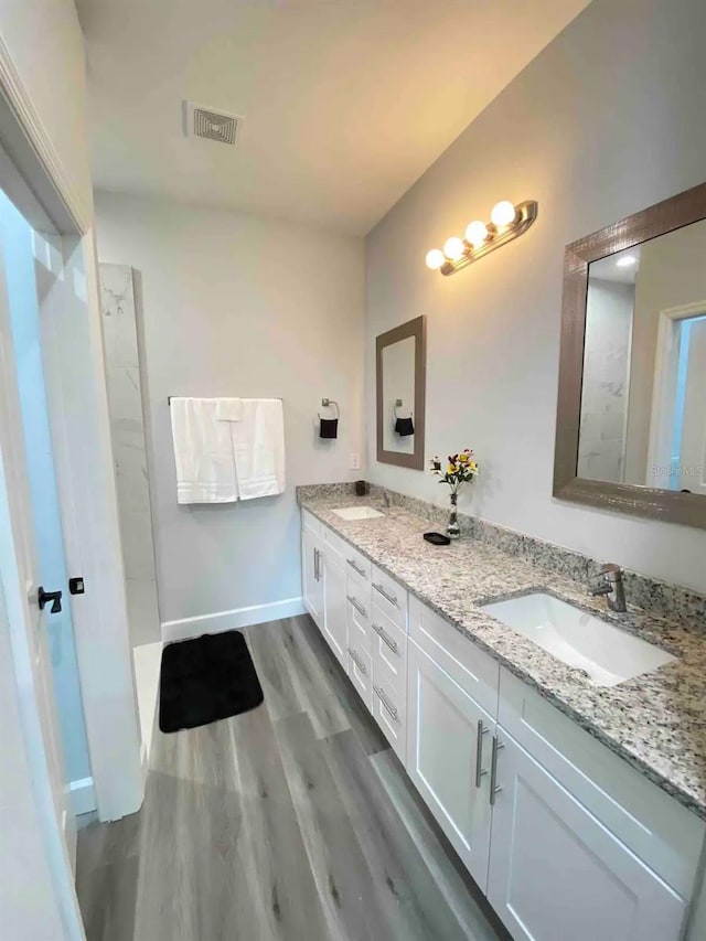 bathroom with vanity and hardwood / wood-style flooring