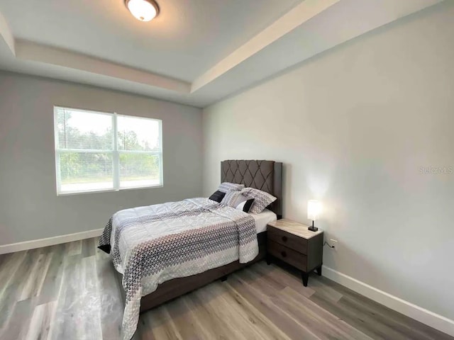 bedroom featuring hardwood / wood-style flooring and a tray ceiling