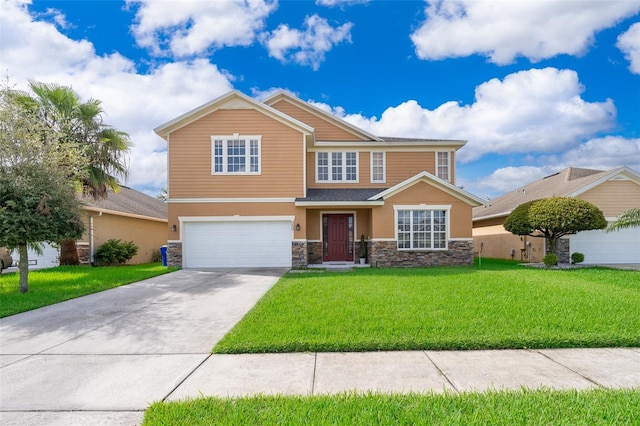 view of front of home with a garage and a front lawn