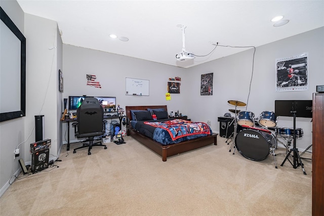 bedroom featuring light colored carpet