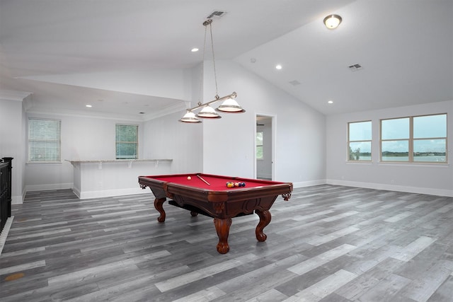 game room featuring high vaulted ceiling, wood-type flooring, crown molding, pool table, and bar area