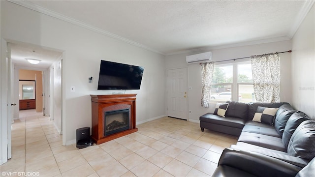 tiled living room with a textured ceiling, a wall unit AC, and crown molding