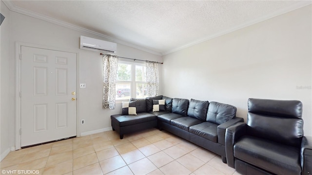 tiled living room with a textured ceiling, lofted ceiling, ornamental molding, and an AC wall unit