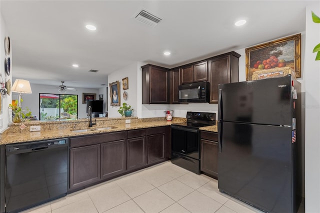 kitchen with black appliances, kitchen peninsula, sink, and ceiling fan