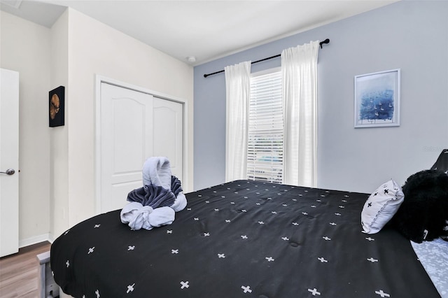 bedroom with hardwood / wood-style flooring and a closet