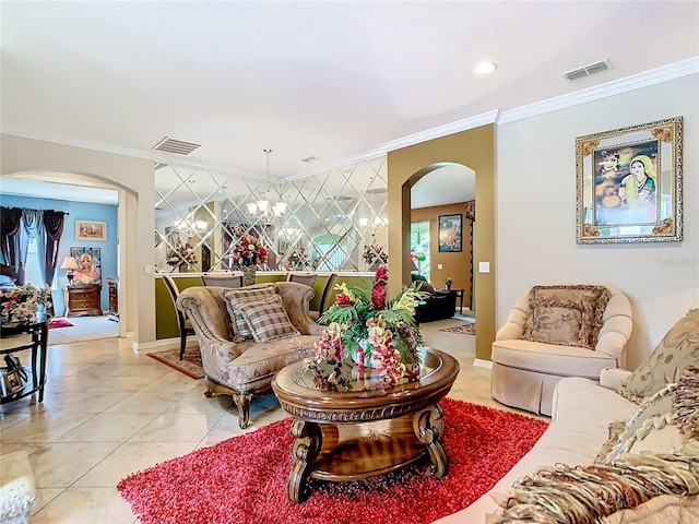 tiled living room with ornamental molding and a chandelier