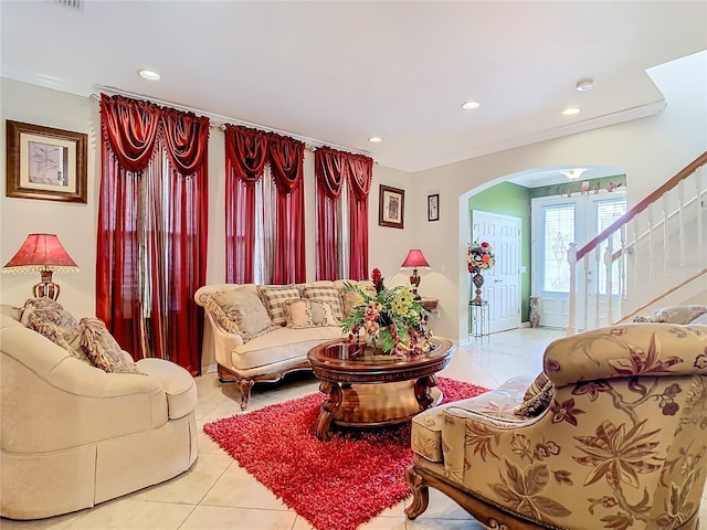 living room featuring light tile patterned flooring